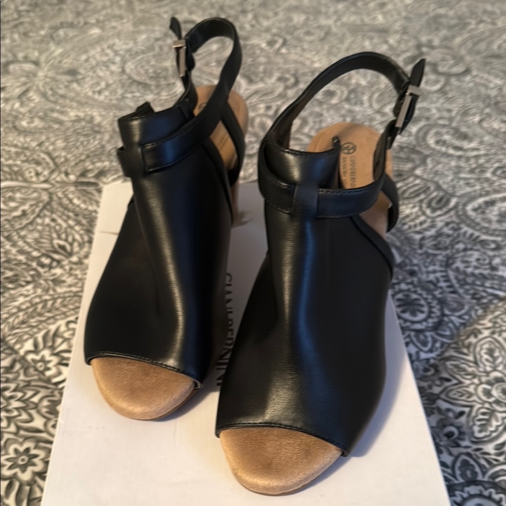 Black Textured Slingback Sandals with Block Heel